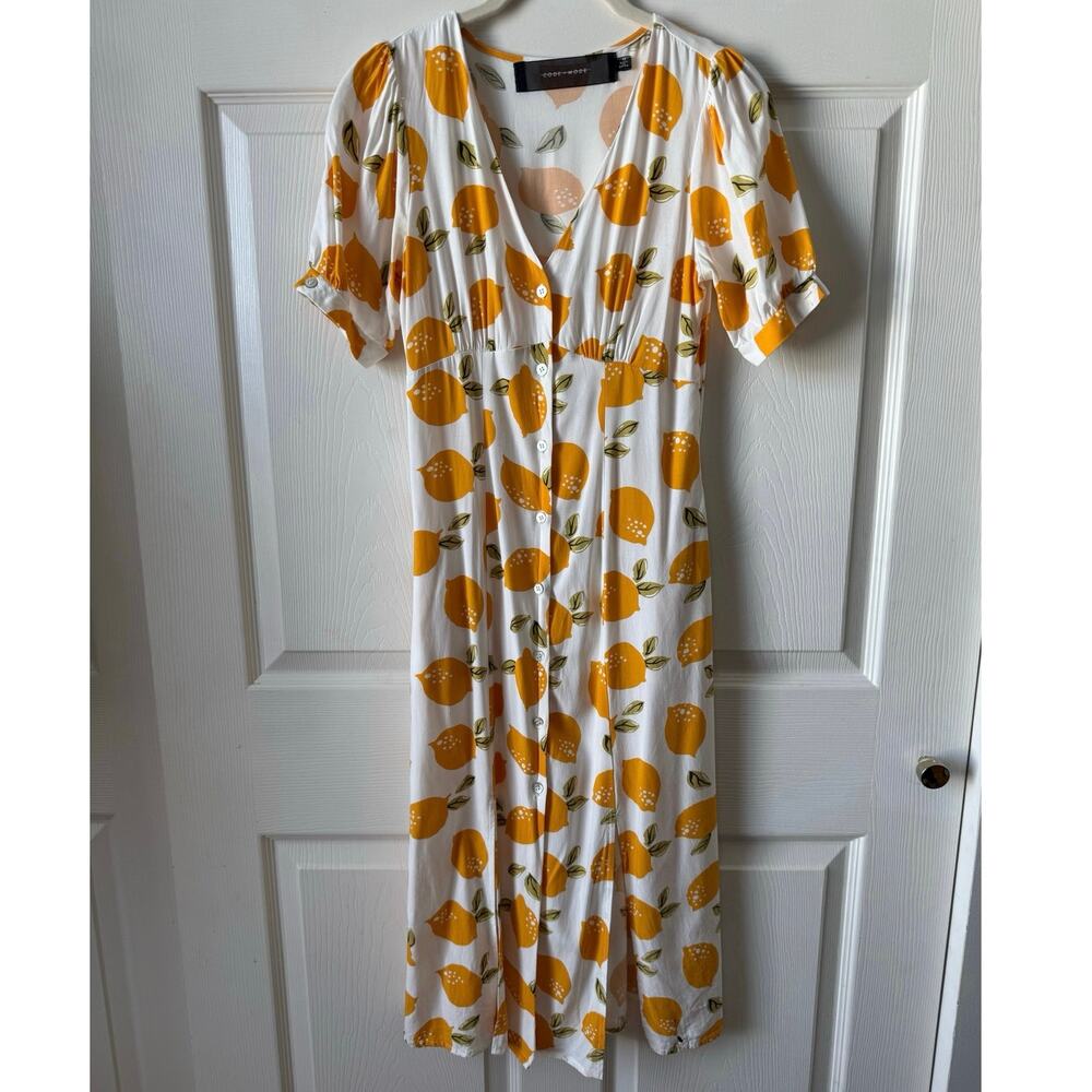 Code x Mode Lemon Print Midi Dress XS‎ Dopamine Fruit Cruise Vacation Summer